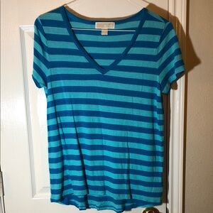 Michael Kors Blue and Teal Striped V-Neck Tee T-shirt Top Medium with flaw